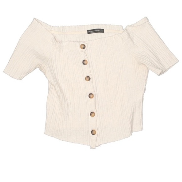 Bershka Bskgirl cropped ribbed off shoulder top Medium white wood - Picture 1 of 7